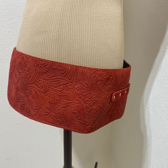Made In Italy Red Embossed Leather Belt Wide Waist Cinching Corset Belt Sz M/L main image 8